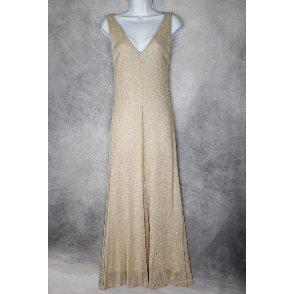 Vintage Y2K Maxi Dress Womens XS Tan Gold Metallic V Neck Long Knit Whimsy